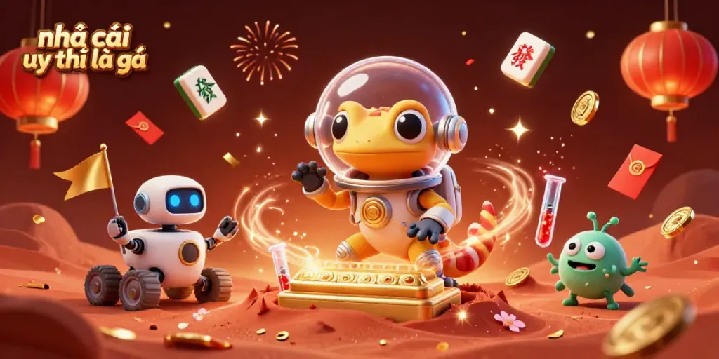 Engaging scene showcasing a 3D Martian gecko exploring a golden casino, enriched by joyful alien bacteria and festive elements, illustrating nhà cái uy tín là gì.