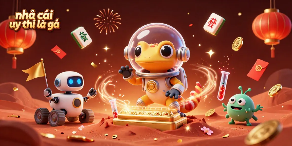 Engaging scene showcasing a 3D Martian gecko exploring a golden casino, enriched by joyful alien bacteria and festive elements, illustrating nhà cái uy tín là gì.