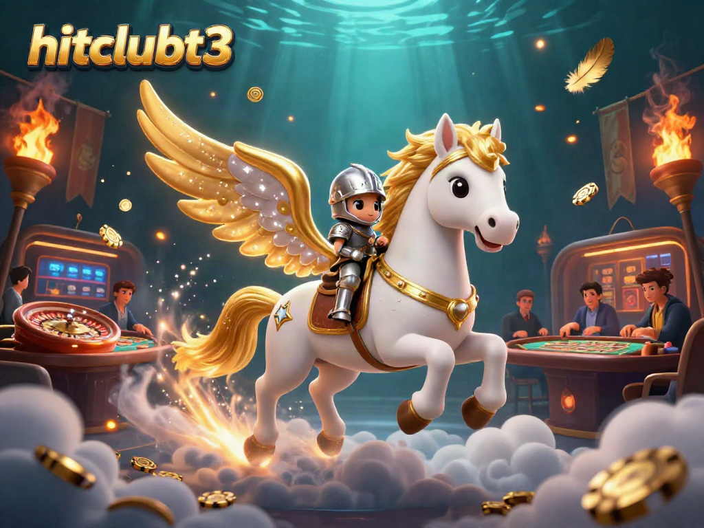 Experience live casino action at hitclubt3 with a celestial horse and knight amidst swirling golden coins and dynamic gameplay.