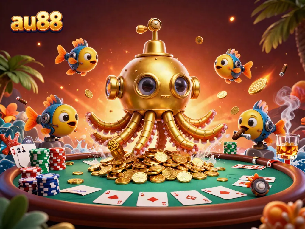 Engage in thrilling poker at au88 with a golden kraken submarine amidst coins.