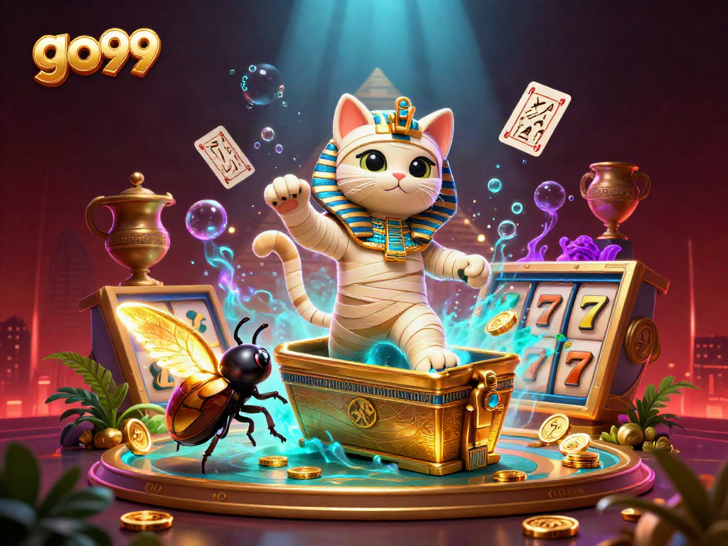Experience the excitement of go99 with a dynamic Egyptian-themed casino scene featuring a mummy cat.