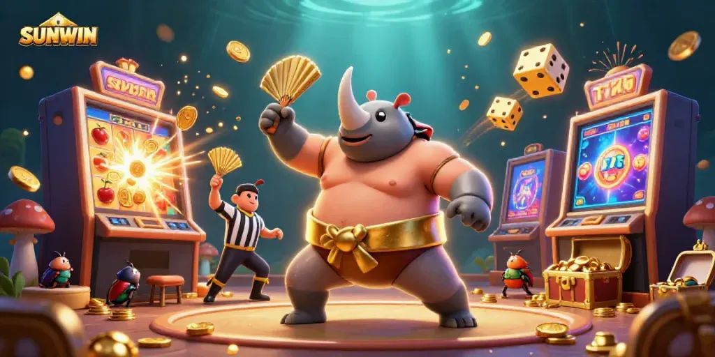 Experience the thrill of SUNWIN with a vibrant, dynamic casino scene featuring a sumo champion!