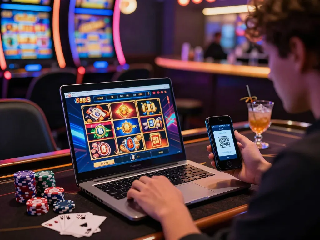Player engaging with slot88 on a laptop surrounded by neon lights, showcasing immersive gaming.