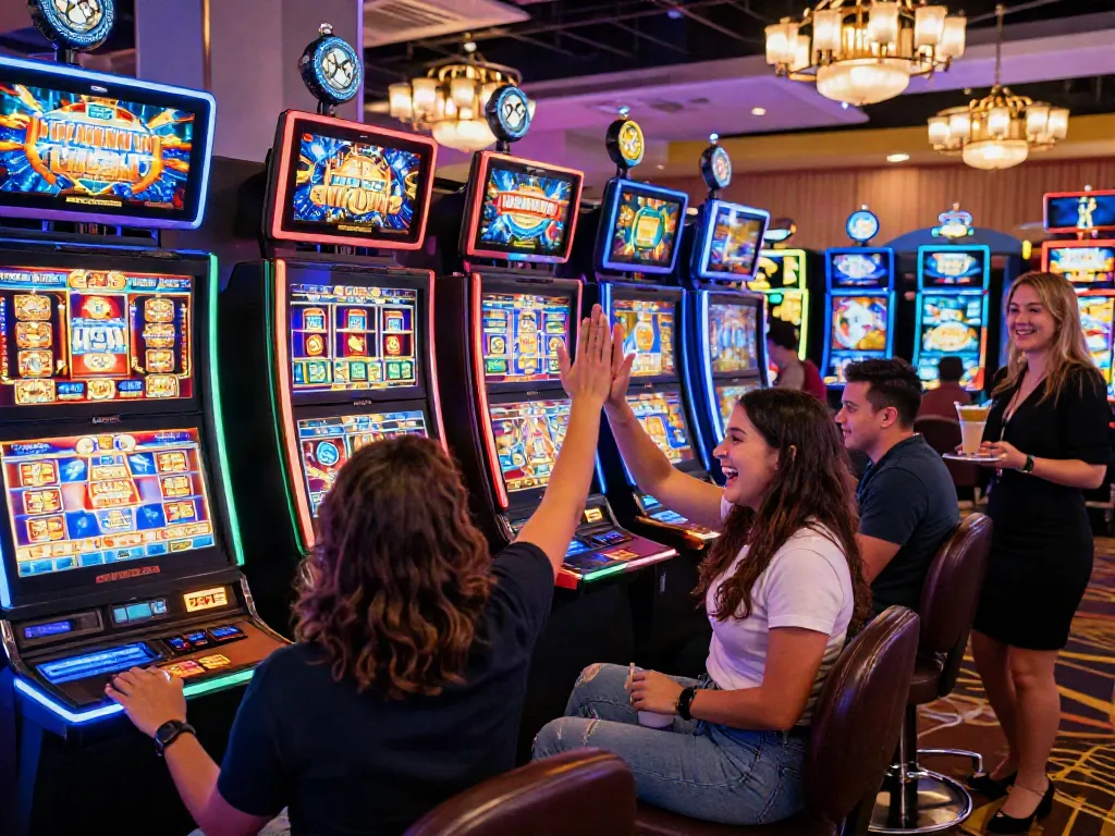 Excited players celebrating a win at slot777 machines in a vibrant casino.