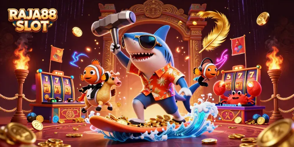 Engage in thrilling RAJA88 SLOT gameplay with vibrant characters in a dynamic casino setting.
