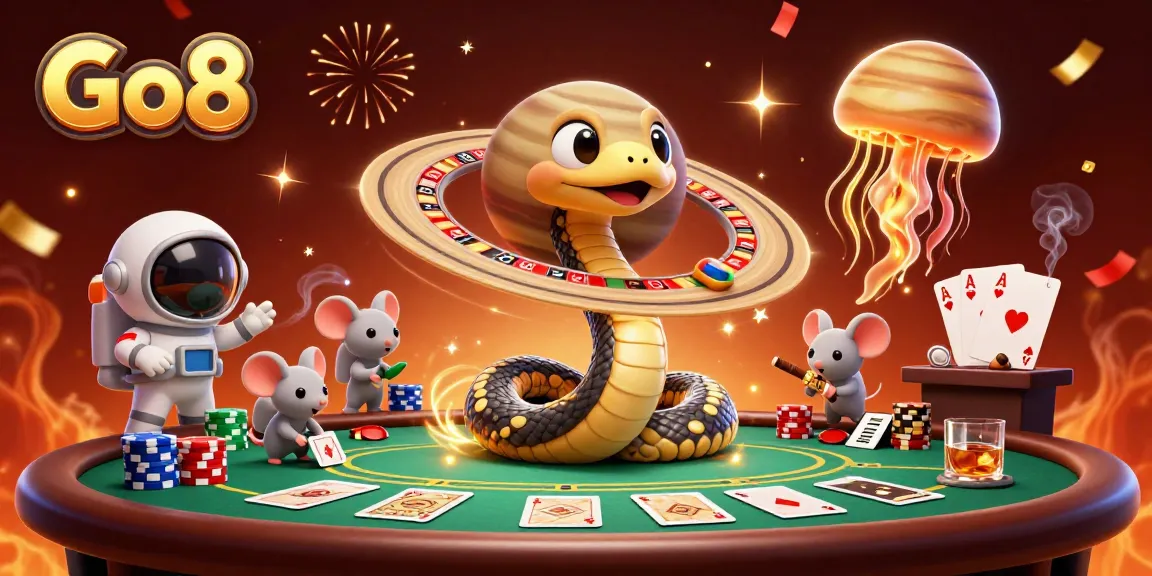 Experience the thrill at Go8 Casino with a whimsical interstellar scene of cosmic gambling.