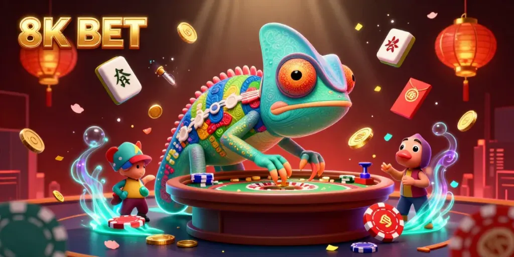 Experience vibrant gaming with the 8K BET casino chameleon, surrounded by dynamic elements.