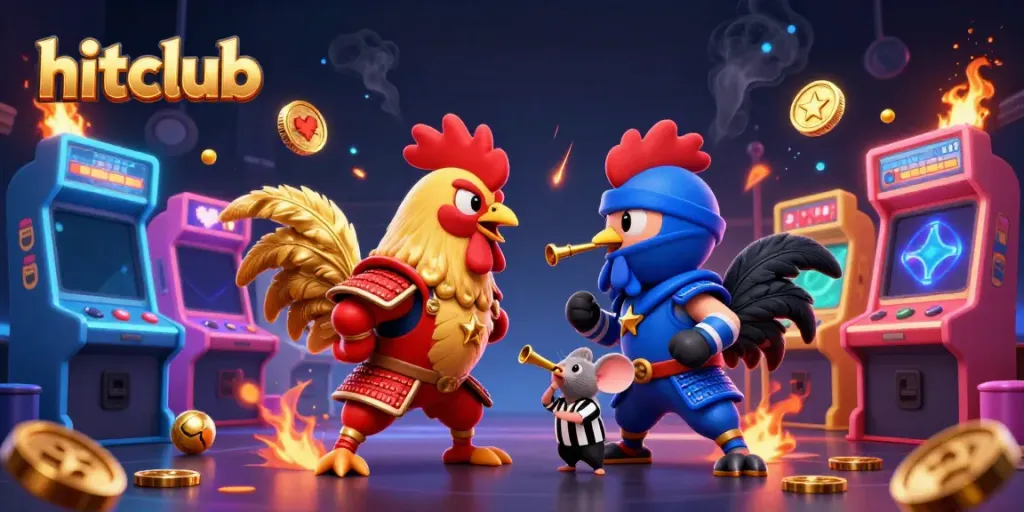 Engage in thrilling gameplay at hitclub with colorful arcade elements and dramatic roosters.