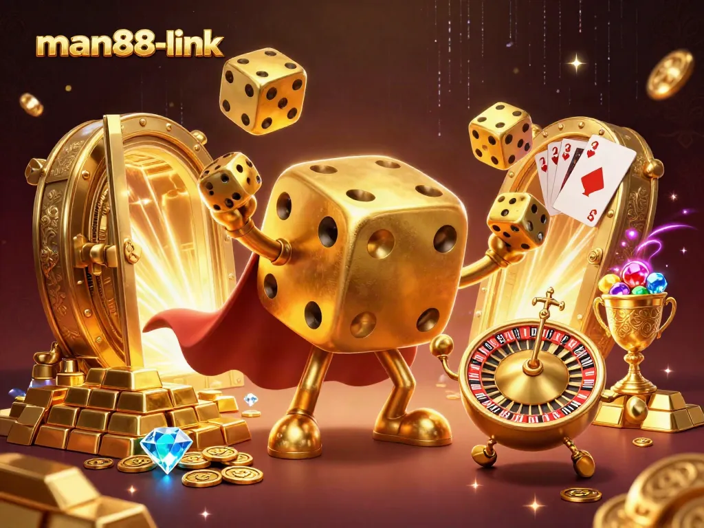 Engage with man88-link's vibrant casino world featuring golden dice, gems, and treasure vaults.