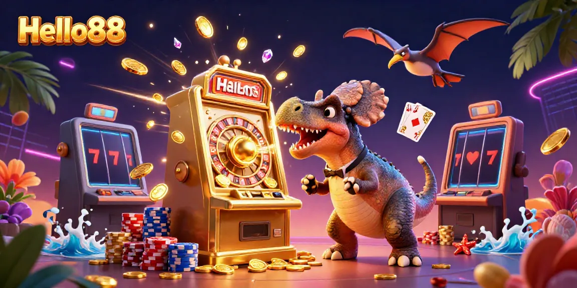 Experience the excitement of Hello88 with a dynamic scene of animated dinosaurs and casino elements.