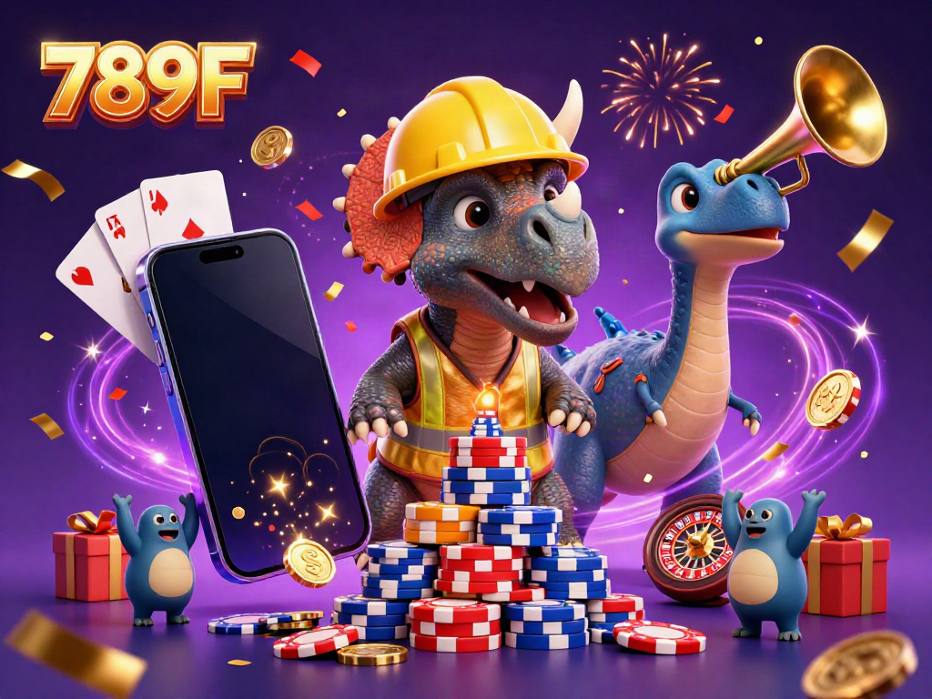 789F casino scene with triceratops building poker chip pyramid while coins erupt and cards fan out.