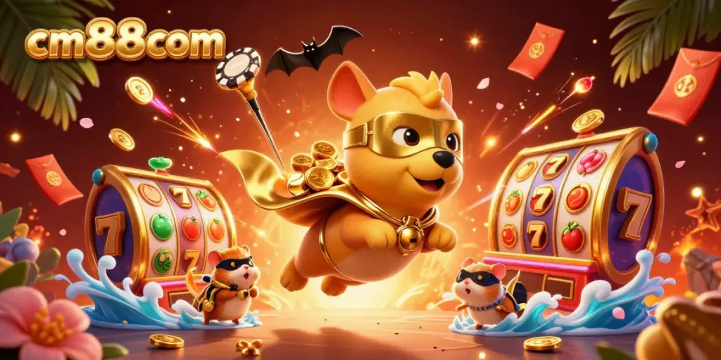 Experience top-tier excitement with cm88com as a superhero dog and hamster celebrate casino wins.