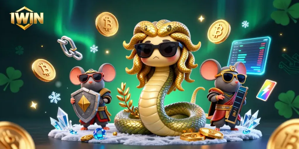 IWIN showcases a vibrant 3D cartoon casino scene with Medusa and a warrior mouse among crypto elements.