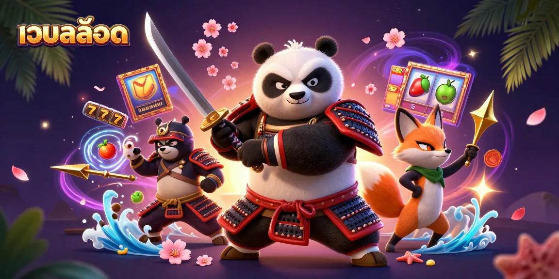 Engage with เว็บสล็อต in a vibrant scene featuring samurai panda and gaming elements amidst slot game excitement.
