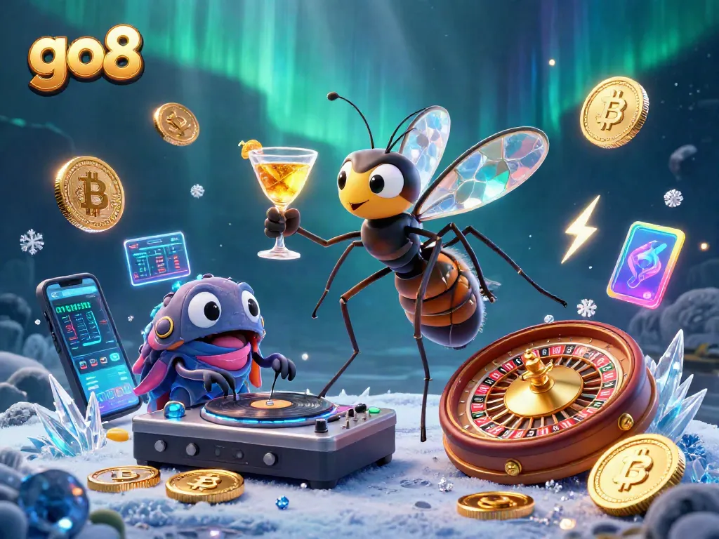 Engage with go8's thrilling casino experience through characters like a frozen mosquito mascot and a trilobite DJ.
