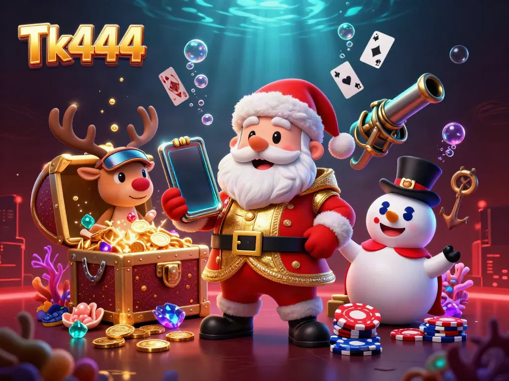 Engage in the Tk444 casino experience with a festive illustration of Santa, a reindeer dealer, and a poker chip snowman.
