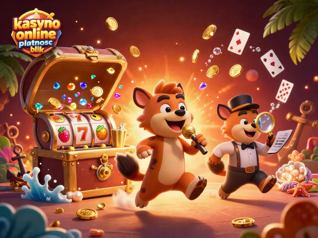 Join the fun with kasyno online platnosc blik in this lively casino scene featuring hyenas and slot reels.