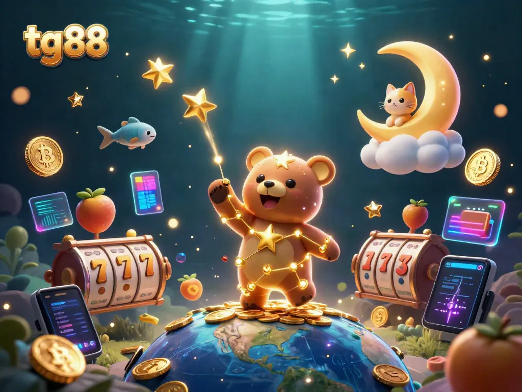 Join tg88 in this exciting cosmic digital casino scene where a constellation bear scoops coins amidst dynamic slots and crypto elements.