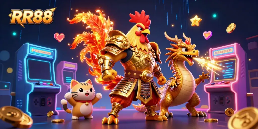 Experience thrilling battles at RR88 with a samurai rooster warrior and dragon in an energetic casino scene.