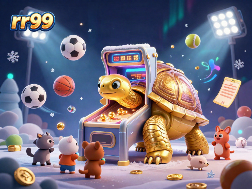 Engage in thrilling gameplay at rr99 with a colossal golden tortoise pinball machine, surrounded by sports elements.