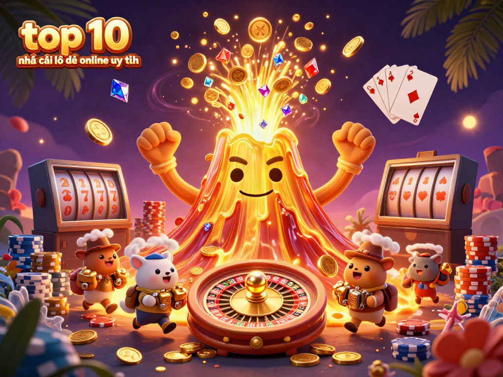Engage with top 10 nhà cái lô đề online uy tín through an illustration of a golden volcano erupting treasure.