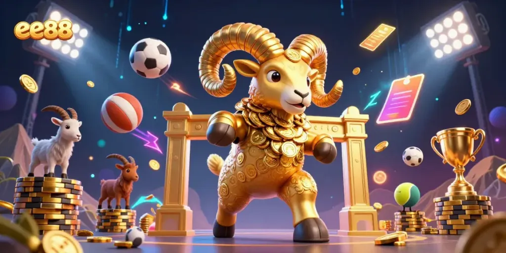 Engage with exciting ee88 casino games amidst a vibrant 3D illustration full of action and energy.