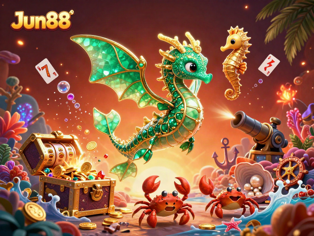 Experience the enchanting world of Jun88 with an elegant sea dragon and gold treasures in a vibrant casino-themed underwater scene.