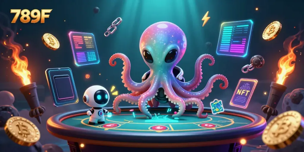 Experience the thrilling underwater adventure at 789F with an alien octopus managing a holographic poker table.
