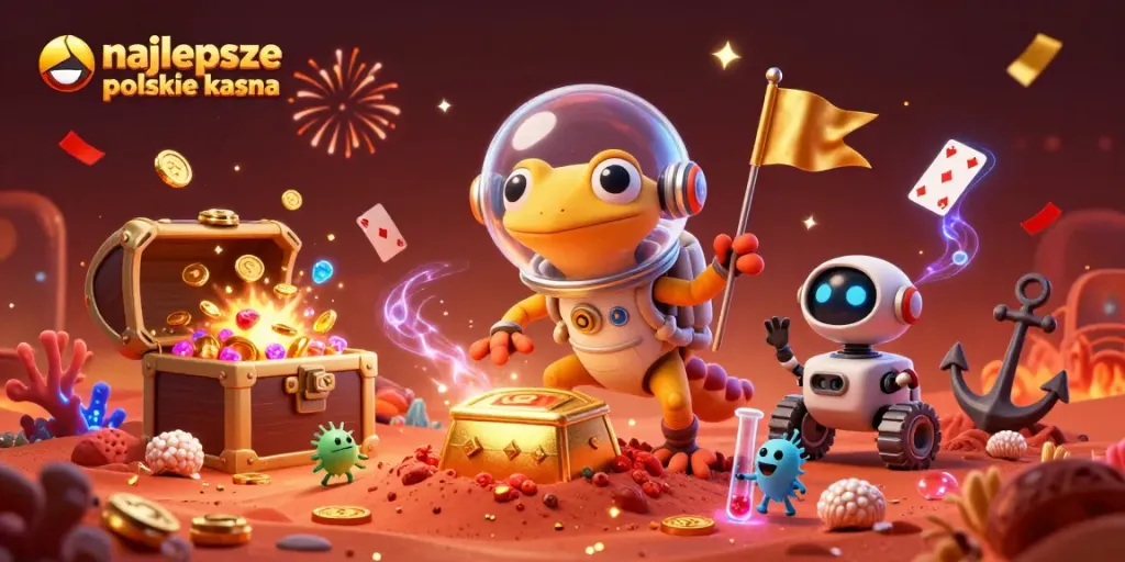 Experience the excitement at najlepsze polskie kasyna with a cartoon gecko exploring a golden casino in a vibrant Martian landscape.