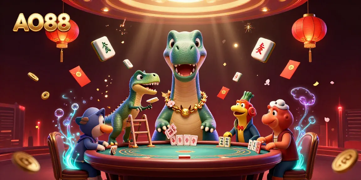 Vibrant 3D scene of AO88 featuring a giant brontosaurus and a clever raptor dealing cards with rich casino elements.