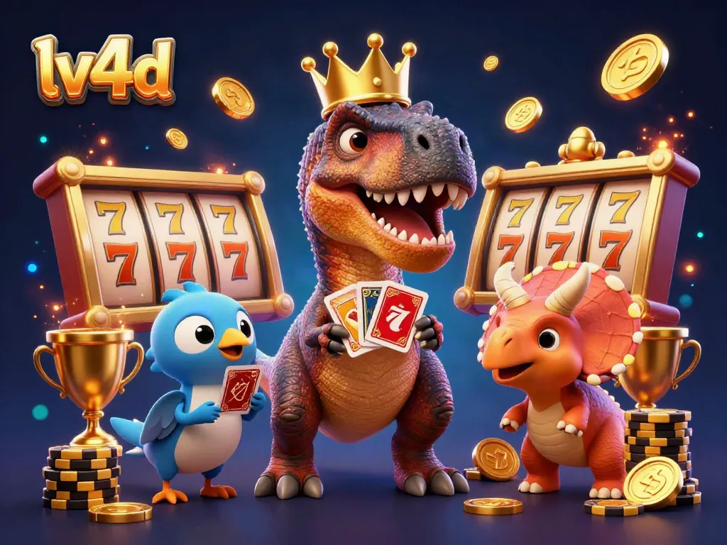 Experience LV4D with a T-Rex shuffling cards and friends, surrounded by slots and golden trophies.