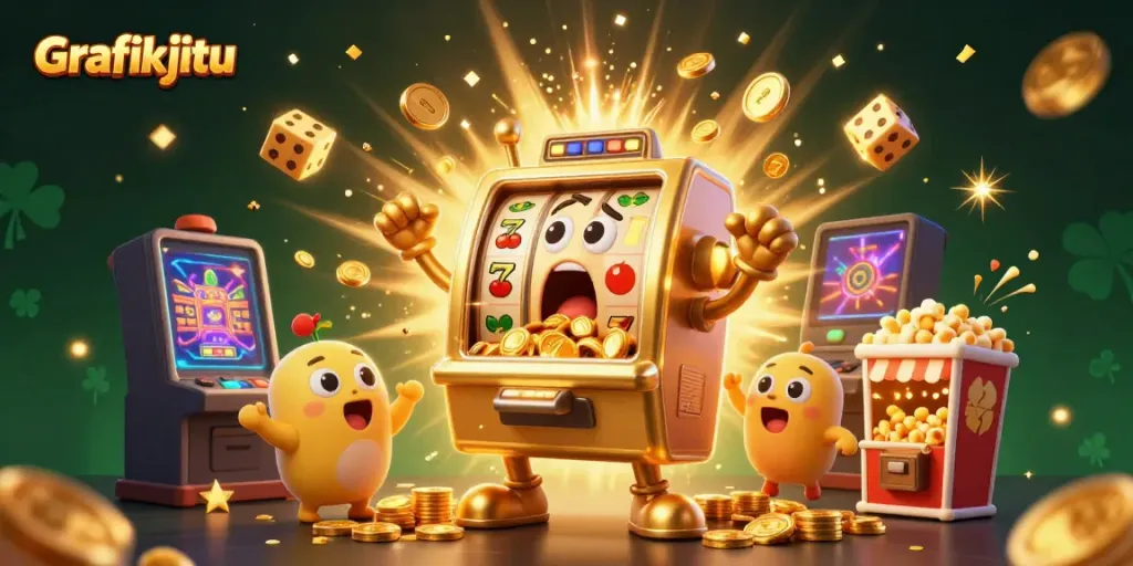 Grafikjitu slot machine celebrating a jackpot with gold coins and cheering baby machines in a vibrant casino scene.