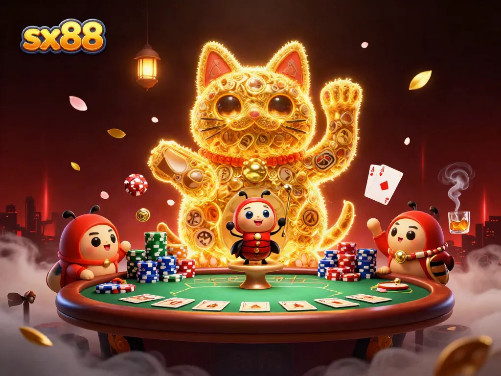 Engage in winning strategies with sx88 by exploring a vibrant casino scene filled with golden fireflies.