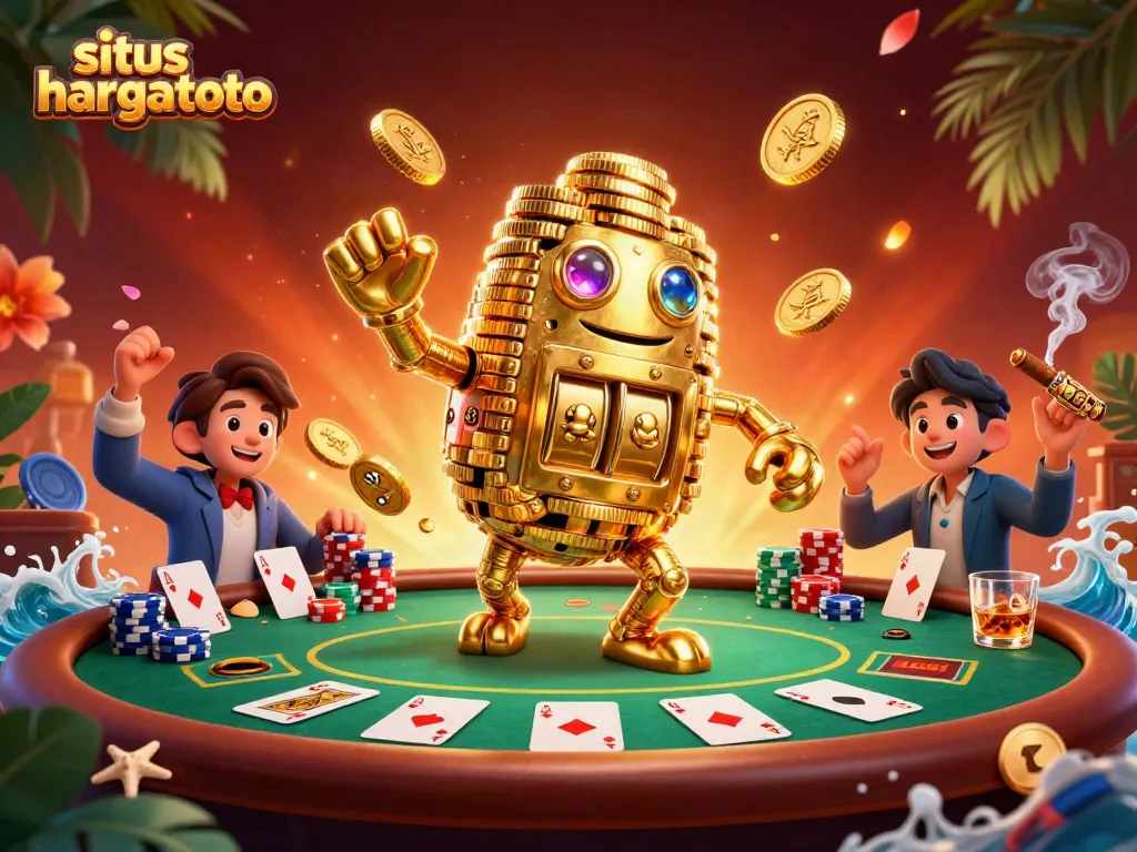 Engage with situs hargatoto through an exciting 3D scene showcasing a golden golem and poker elements.