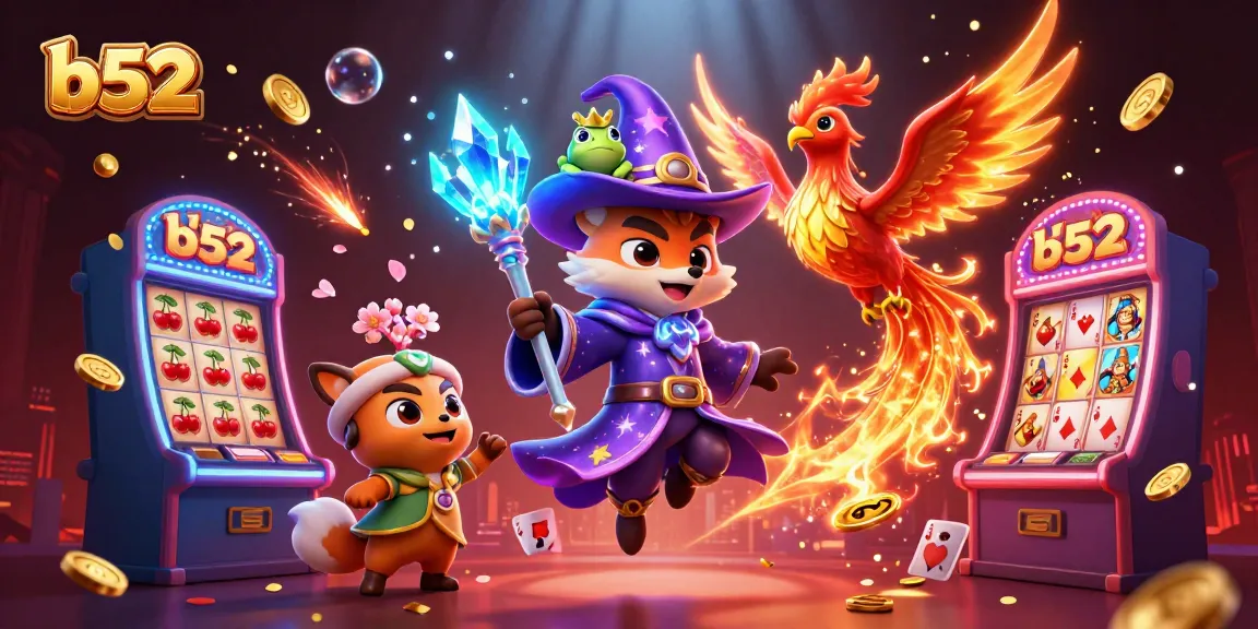 Spin b52's vibrant slot reels in an exciting 3D casino illustration with magical elements.