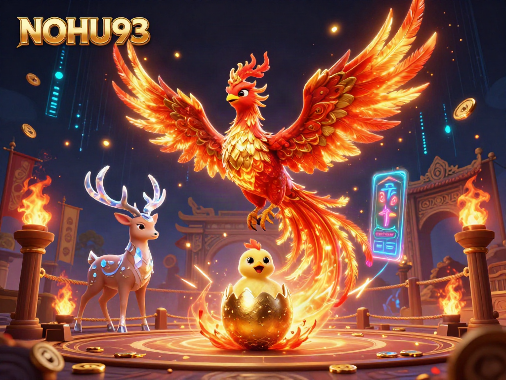 Experience high-stakes gameplay at NOHU93 with vibrant gaming elements surrounding a fire phoenix and mystical stag.