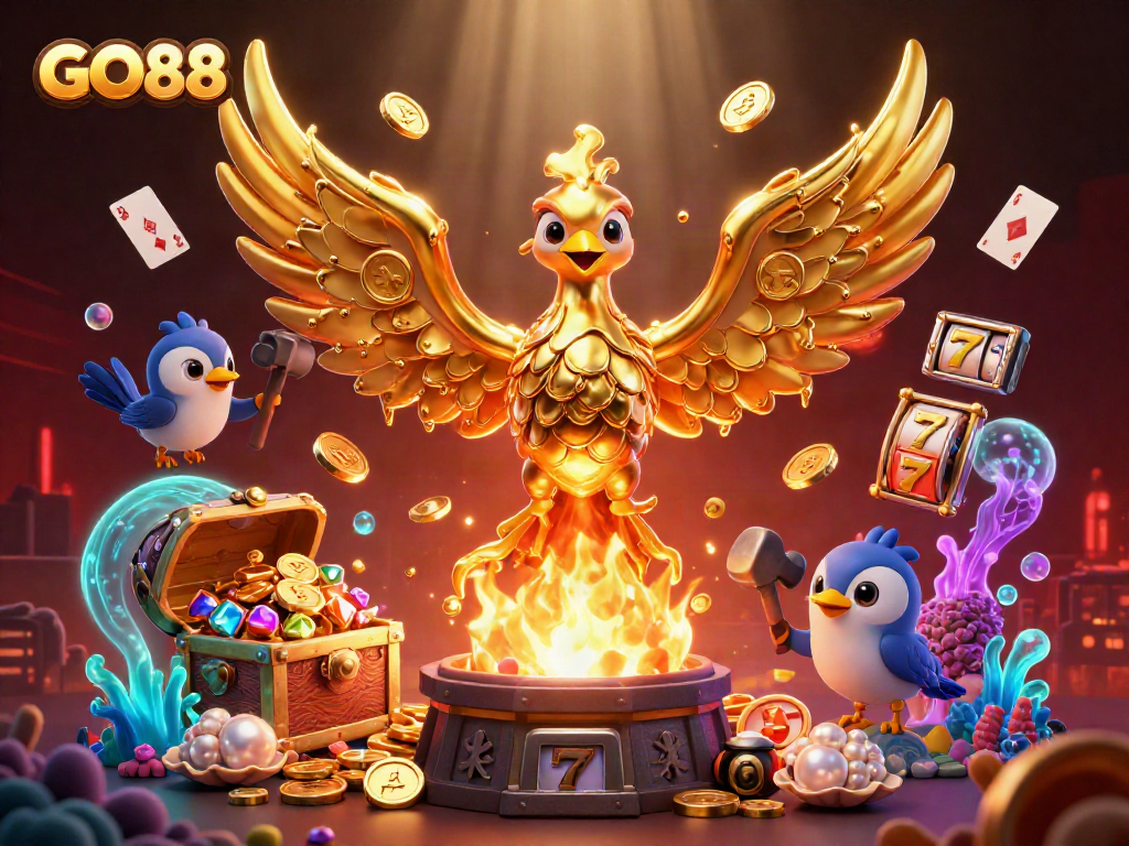 Engage in winning strategies at GO88, featuring a molten phoenix surrounded by vivid casino elements.