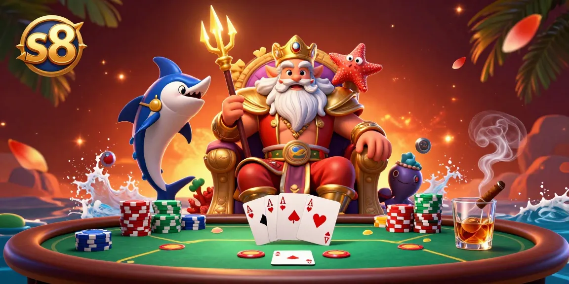 Experience the thrill of s8 gameplay with Neptune and friends at a colorful poker table surrounded by action.