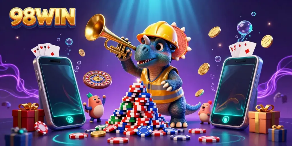Experience the thrilling world of 98WIN with a lively illustration of characters celebrating around poker chips and casino games.