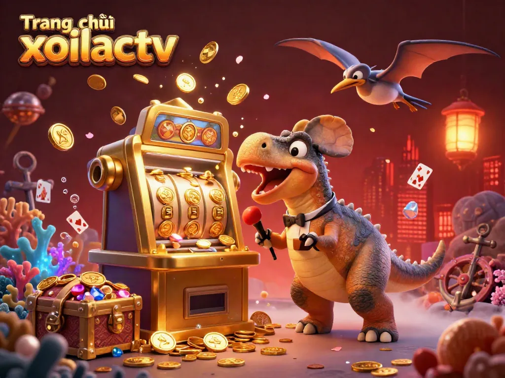 Engaging scene from Trang chủ xoilactv where a pachycephalosaurus joyfully headbutts a slot machine, showering coins and excitement.