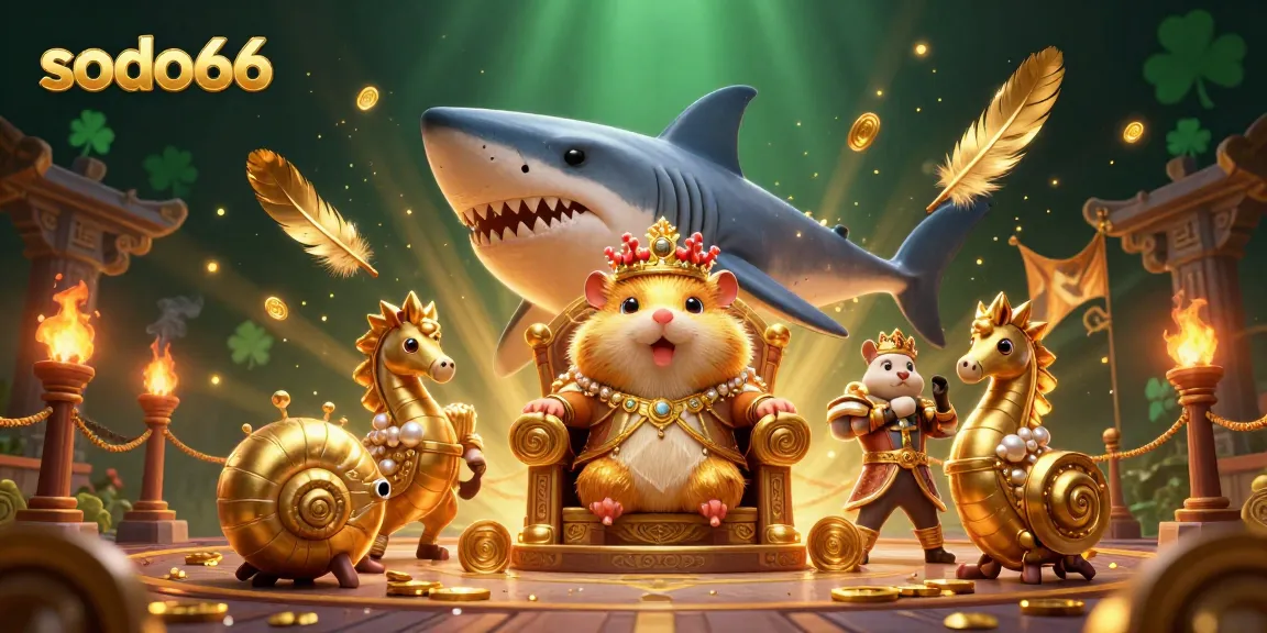 Join the sodo66 experience with a fierce golden hamster king and his pearl-armored guards amidst swirling golden feathers and game elements.