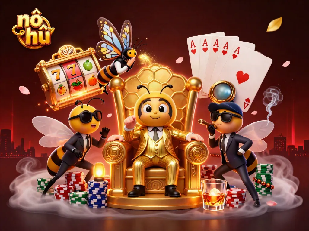 Engage in nổ hũ action with a dynamic 3D illustration of a casino bee boss amidst slot game elements.