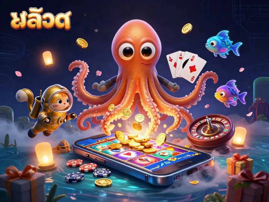 Experience the thrill of สล็อต gameplay with a captivating kraken and diving cat scene.