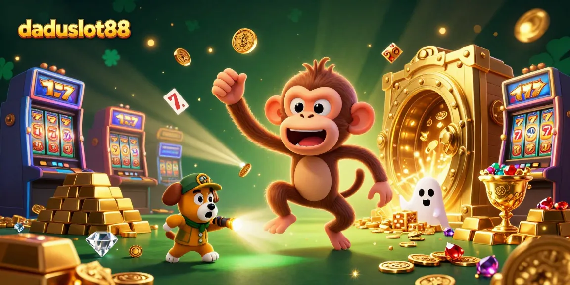Gambarkan daduslot88 saat bermain slot dengan hantu yang lucu dan koin emas