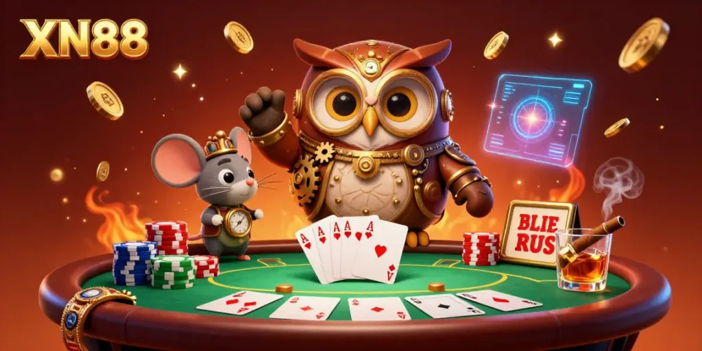 Play the XN88 game with an exhilarating illustrated scene featuring casino themes and animated elements.