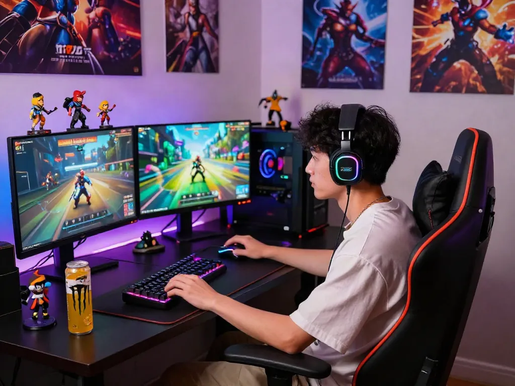 Engaged gamer immersed in istana404 online gameplay in a vibrant gaming setup with dynamic screens and collectibles.