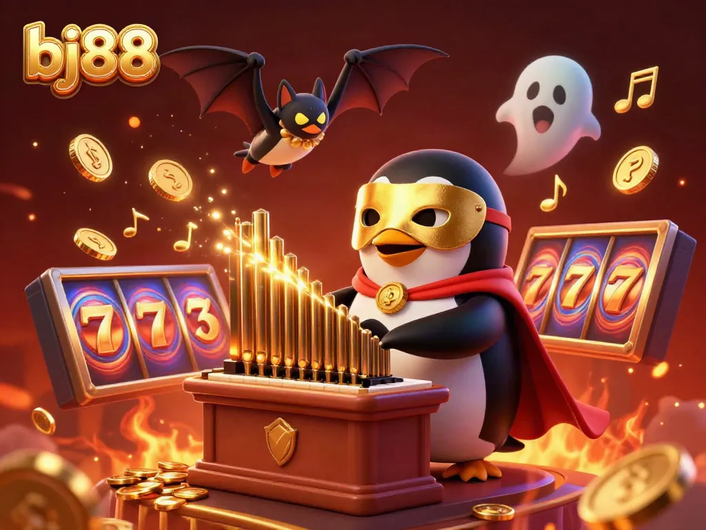 Win big with bj88's vibrant 3D casino scene showcasing slots, golden coins, and animated excitement.