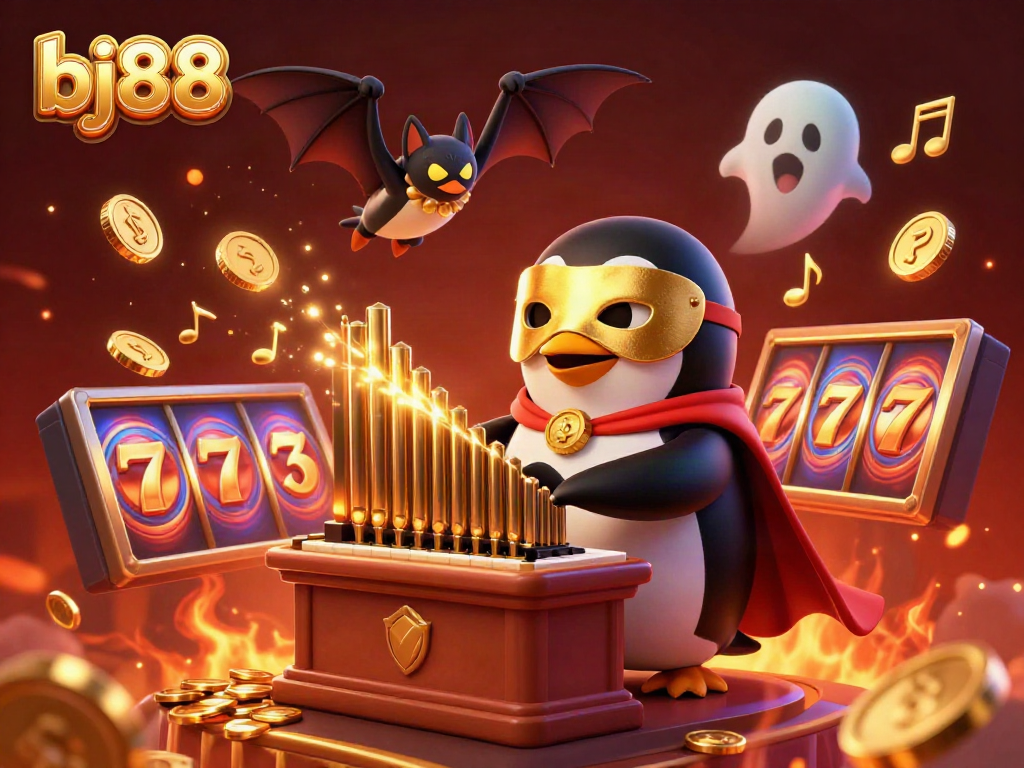 Win big with bj88's vibrant 3D casino scene showcasing slots, golden coins, and animated excitement.