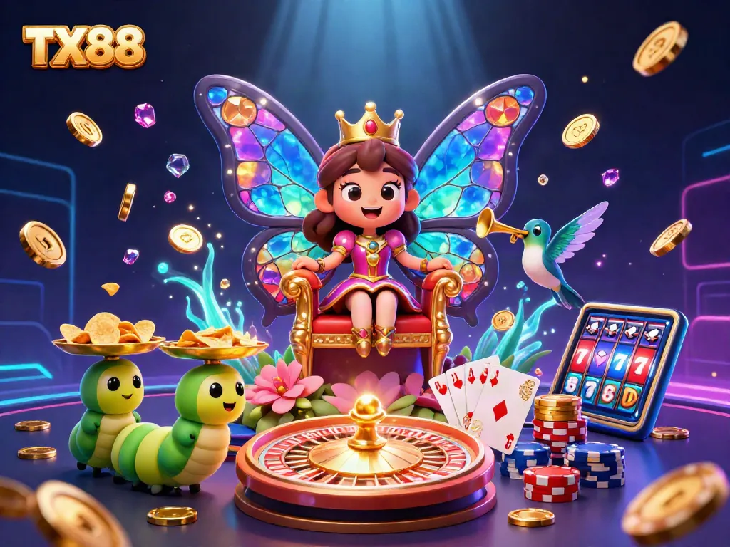 Experience the vibrant world of TX88 with enchanting casino elements centered around a butterfly queen.