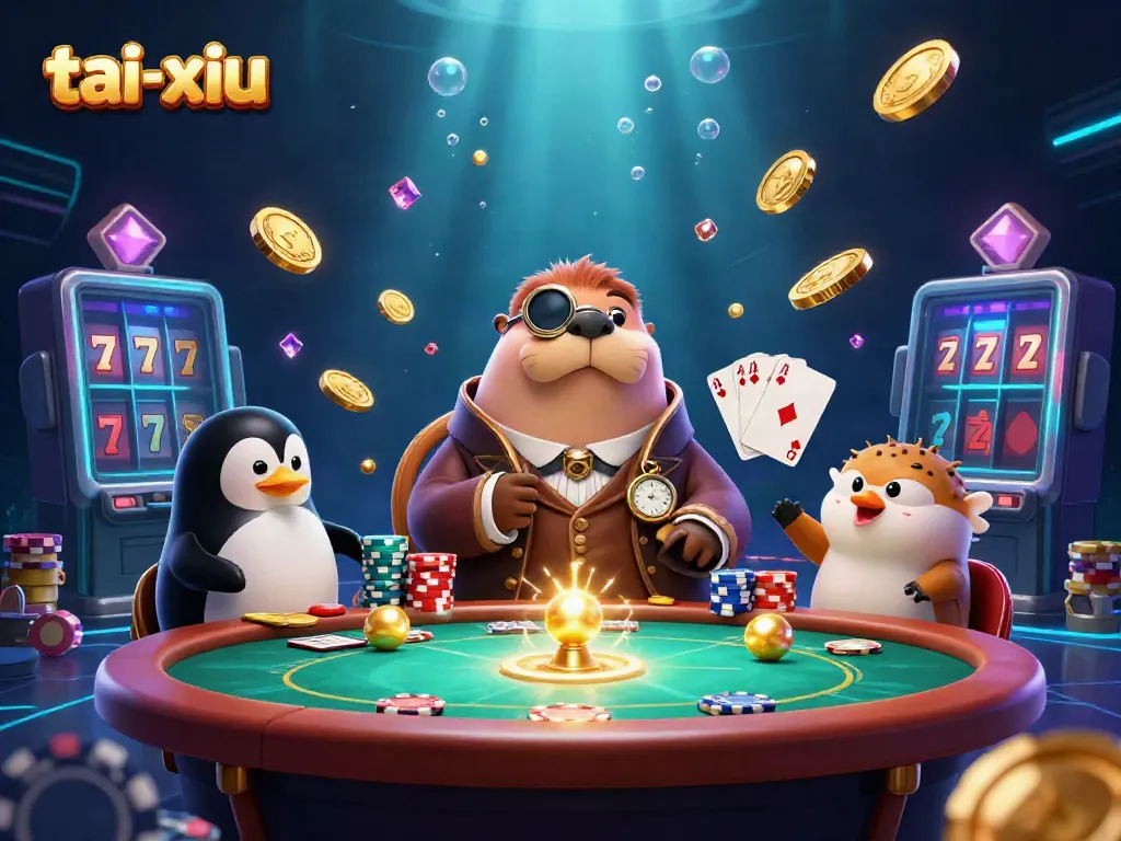 Engage in tai-xiu at a lively underwater casino with a jolly walrus dealer and pufferfish player.